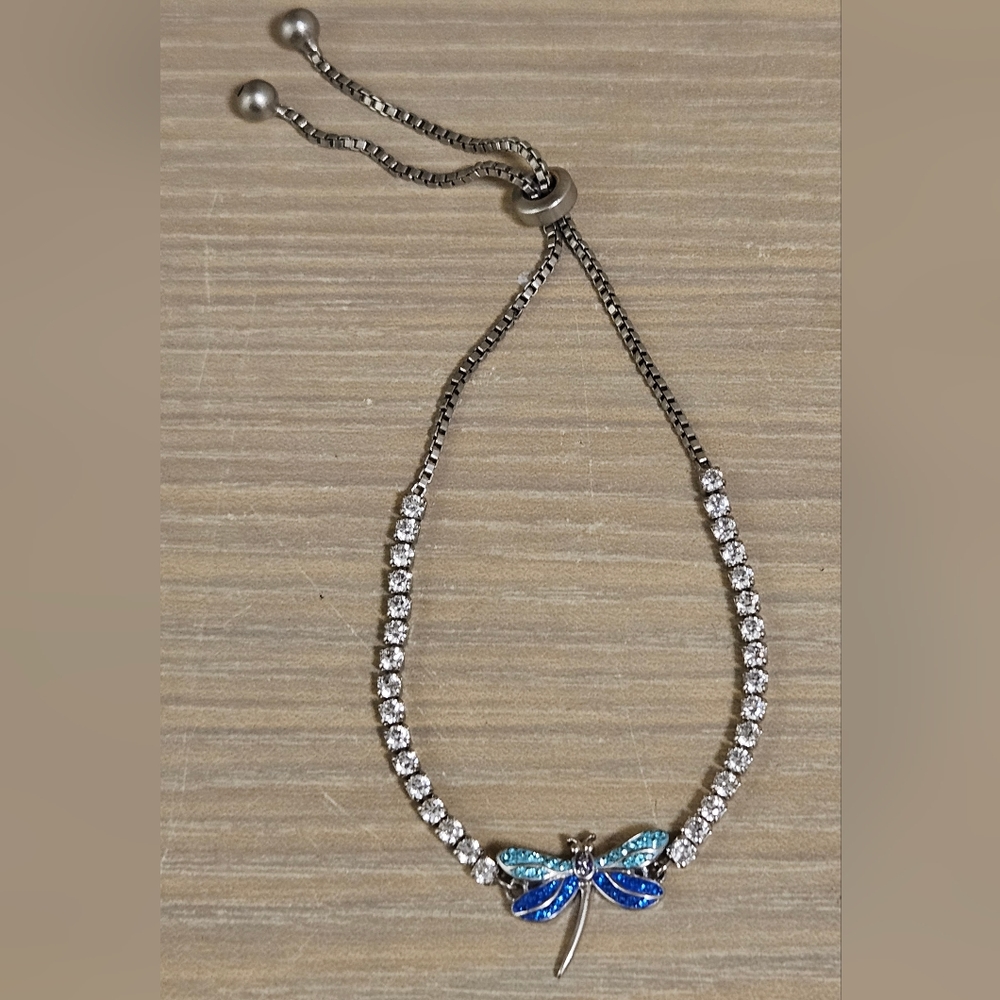 Dragonfly Silver Etched SU Czch Crysyals Chain Slide Adjustable Bracelet